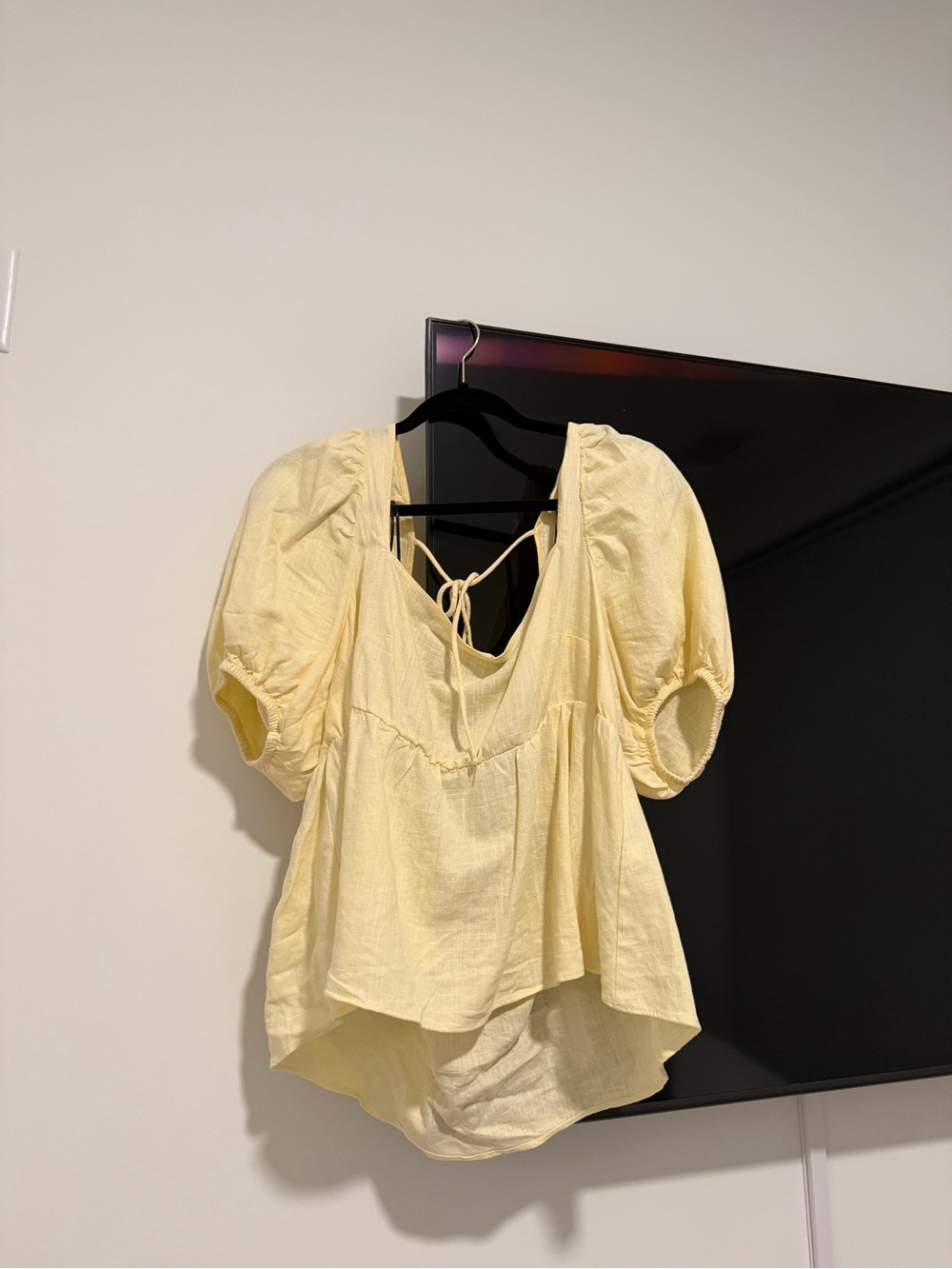 H&M Pale Yellow Puff-Sleeve Tie-Back Peasant Top